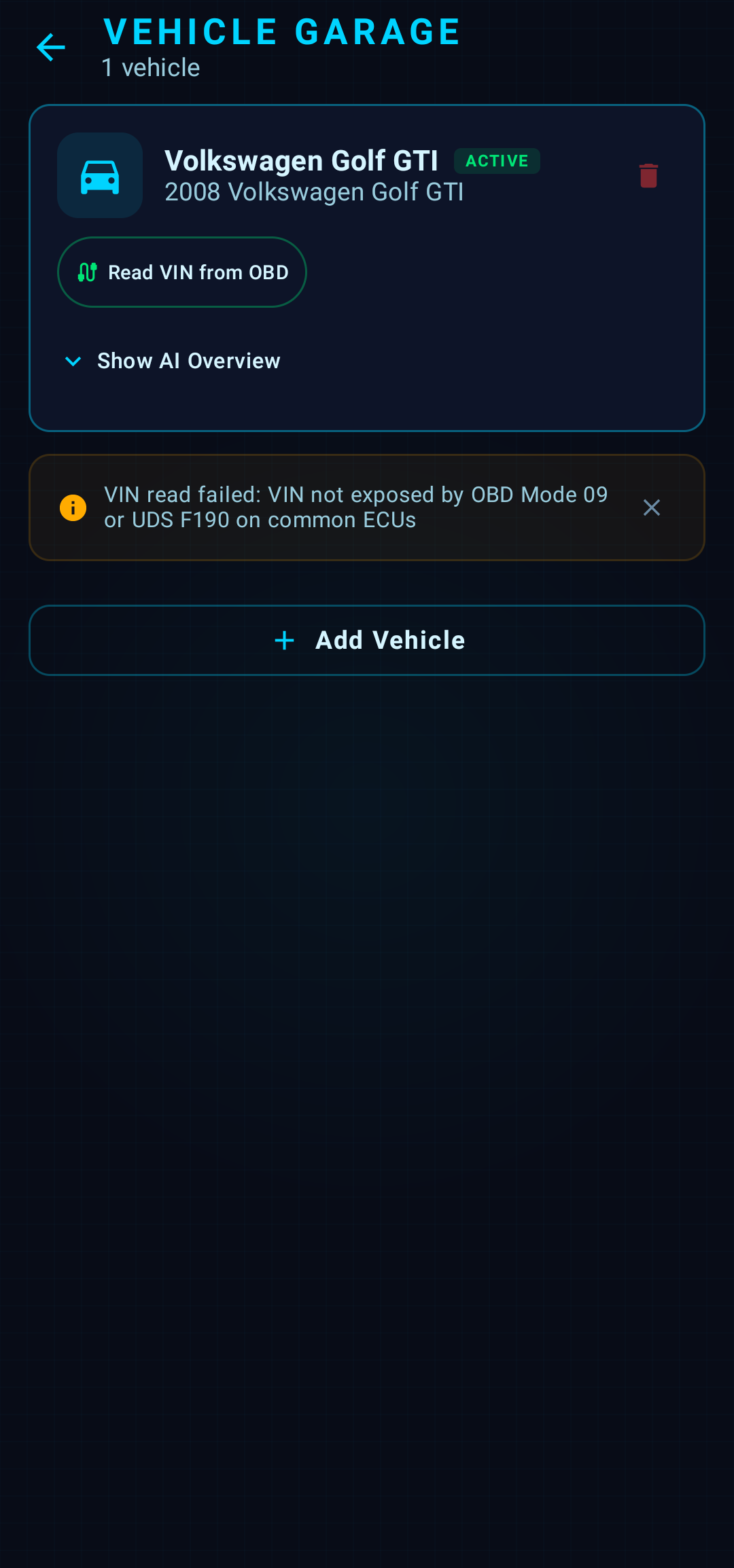 REVVA garage and vehicle profile
